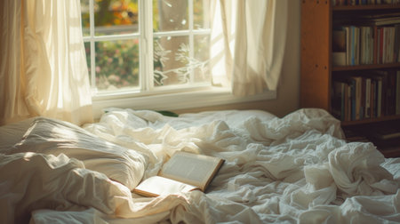 Cozy Morning in a Sunlit Bedroom with an Open Book on Bedの素材