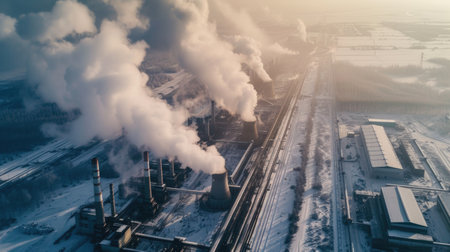 Industrial Plant Emitting Steam and Smoke in Winter Landscapeの素材