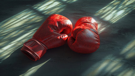 Red Boxing Gloves on Concrete with Sunlightの素材