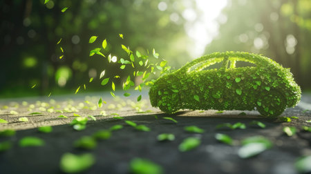 Eco-Friendly Green Energy Concept Car Covered with Leavesの素材
