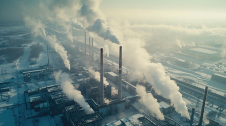 Industrial Plant Emitting Steam and Smoke in Winter Landscapeの素材