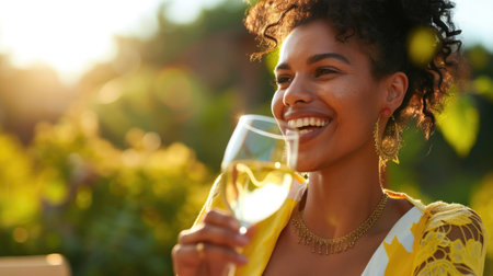 Joyful Woman Enjoying a Glass of Wine in the Vineyard at Sunsetの素材