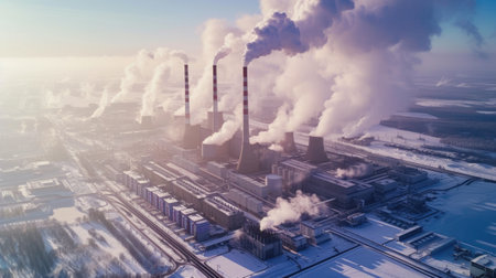 Industrial Plant Emitting Steam and Smoke in Winter Landscapeの素材