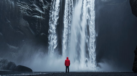 Lone Figure Contemplating a Powerful Waterfall in Moody Landscapeの素材