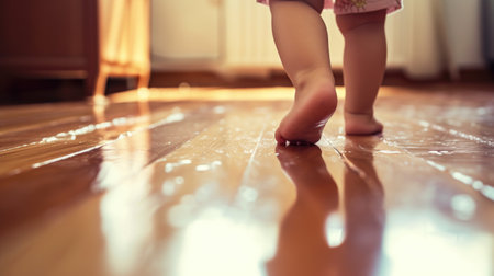 Toddler's First Steps on Wooden Floorの素材