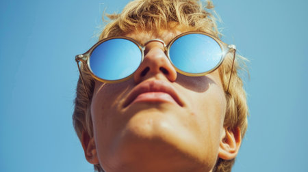 Upward Perspective of a Person Wearing Round Glassesの素材