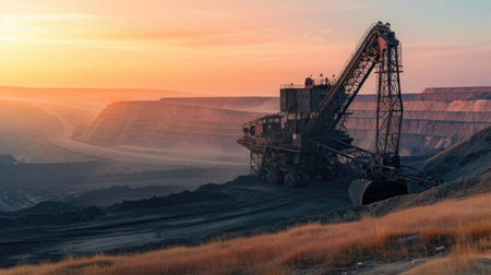 Giant Mining Excavator Against Dramatic Sky at Twilightの素材