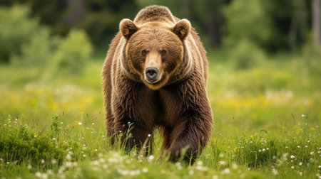 Majestic Brown Bear Walking in a Green Meadowの素材