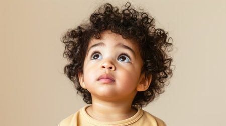 Curious Toddler with Big Eyes and Curly Hair Looking Upの素材