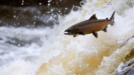 Salmon Leaping Upstream: A Dynamic Moment in Natureの素材