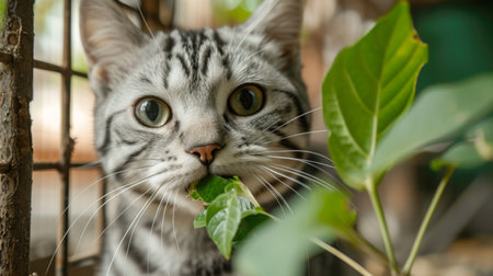 Curious Cat Peering through Leaves: Feline Whimsy Capturedの素材