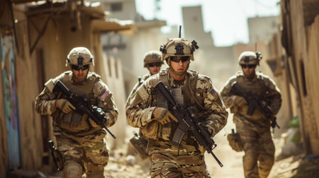 Squad on Patrol: Soldiers in Tactical Gear Walking through Deserted Areaの素材