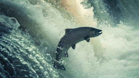 Salmon Leaping Upstream: A Dynamic Moment in Natureの素材