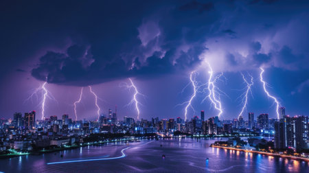 Dramatic Lightning Storm Over Urban Skyline at Nightの素材