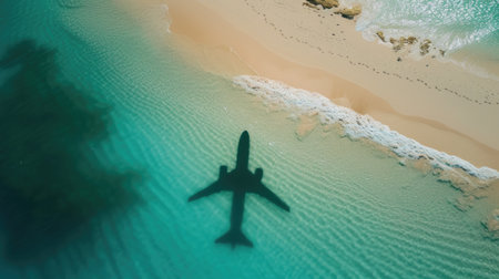 Airplane's Shadow Over Crystal Blue Waters and Sandy Beachの素材