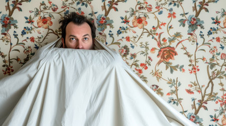 Morning Surprise: Man Peeking Out From Under Bedsheetの素材