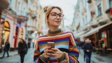 Urban Style: Fashionable Woman with Smartphone on City Streetの素材