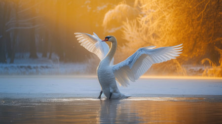 Swan Splendor: Golden Sunrise Over a Frozen Lakeの素材