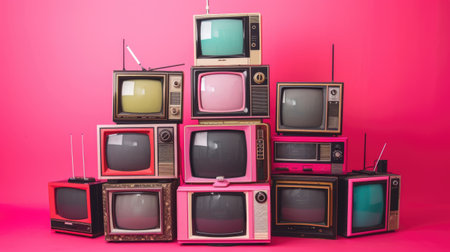 Retro Television Set Collection Against a Pink Backgroundの素材