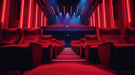 Modern Cinema Hall with Red Seats and Illuminated Aisleの素材