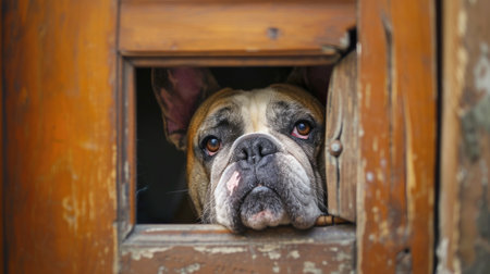 Peekaboo Bulldog: A Close-Up of a Dog Peeking Through a Wooden Fenceの素材