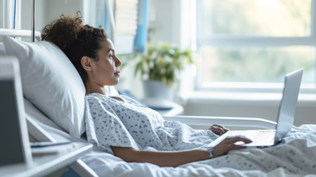 Woman in Hospital Bed Using Laptopの素材