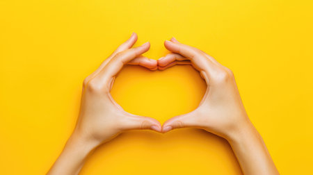 Hands Forming a Heart Shape on a Vibrant Yellow Backgroundの素材