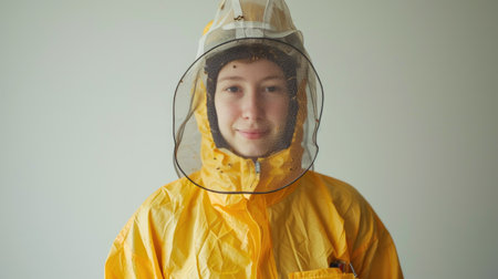 Beekeeper in Yellow Protective Suit with Bee Net Hatの素材