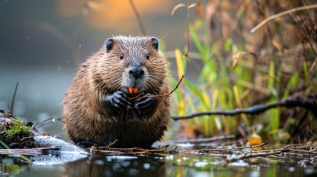 Beaver Chewing on a Branch by the Water at Sunsetの素材
