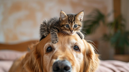 Kitten Perched on Golden Retriever's Headの素材