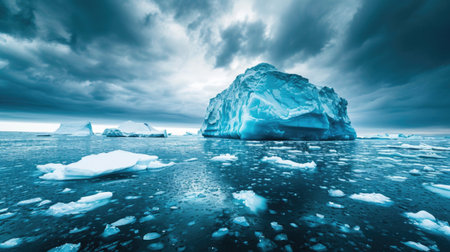 Majestic Iceberg Floating in Icy Waters under a Stormy Skyの素材