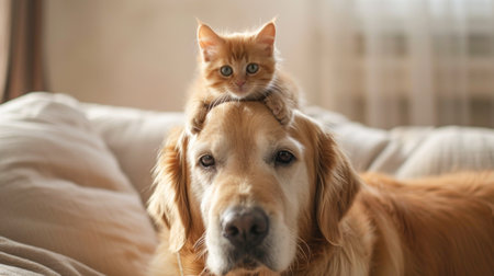 Kitten Perched on Golden Retriever's Headの素材