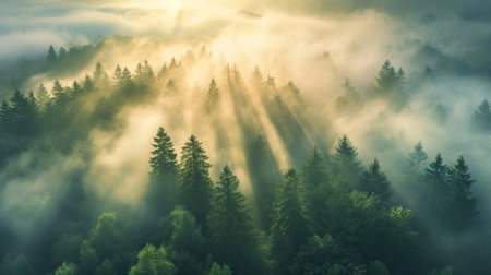 Mystical Forest at Sunrise with Sunbeams Through Mistの素材