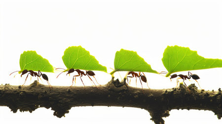 Team of Ants Carrying Green Leaves on a Tree Branchの素材