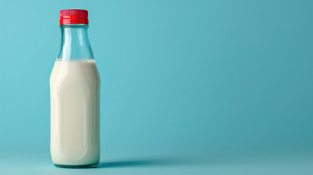 Classic Glass Milk Bottle with Red Cap on Blue Backgroundの素材