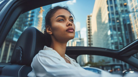 Young Businesswoman in a Car Looking Out at the Cityの素材