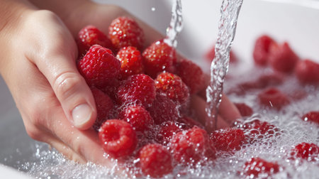 Fresh Raspberries Being Washed Under Running Waterの素材
