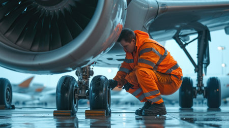 Aircraft Maintenance Worker Inspecting Airplane Wheels on the Runwayの素材