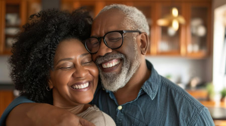 Happy Mature Couple Embracing and Smiling in Their Homeの素材