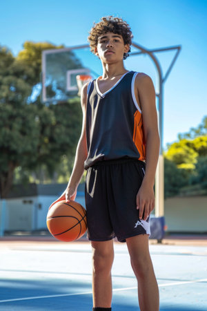 Confident Boy with Basketball on Outdoor Courtの素材