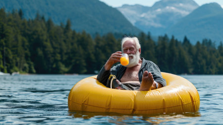 Elderly Man Relaxing on a Floating Tube in a Mountain Lake with a Drinkの素材