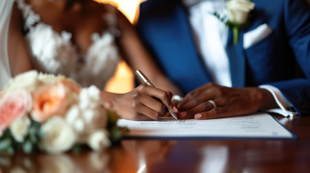 Couple Signing a Document, Close-Up of Hands and Penの素材