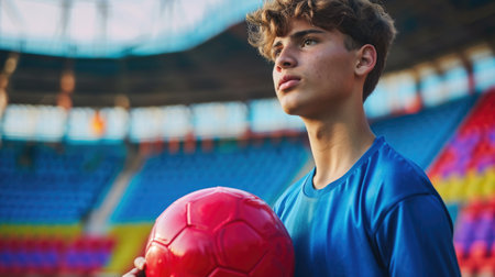 Confident Soccer Player Holding Ball on Stadium Fieldの素材