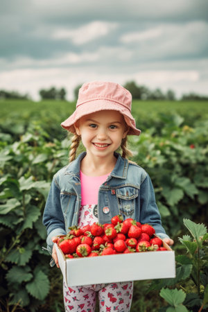 Smiling Child Holding Fresh Strawberries in a Fieldの素材