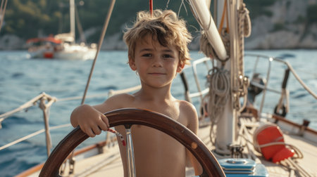 Young Captain: Boy Steering Sailboat Wheel with Sea Backgroundの素材