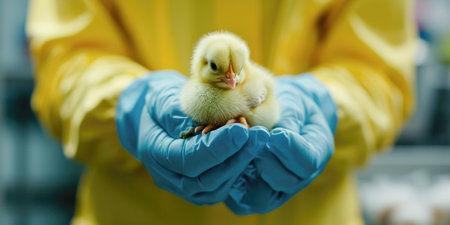 Gentle Handling: A Fluffy Yellow Duckling Cradled in Gloved Handsの素材