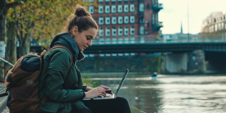 Urban Freelancing: Young Woman Working on Laptop by Riverの素材