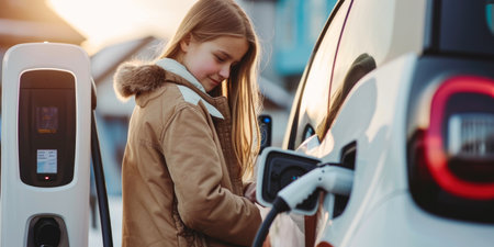 Eco-Friendly Generation: Young Girl Charging an Electric Carの素材