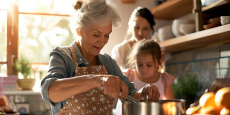 Generational Bonding: Grandmother Teaching Granddaughter to Cook in a Sunny Kitchenの素材