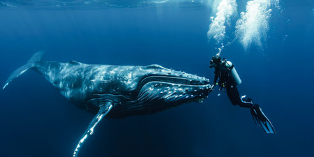 Underwater Encounter with a Majestic Humpback Whale and Diverの素材